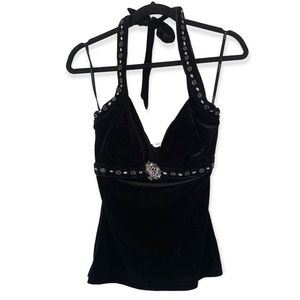 NWT Embellished Black Velvet Halter Top